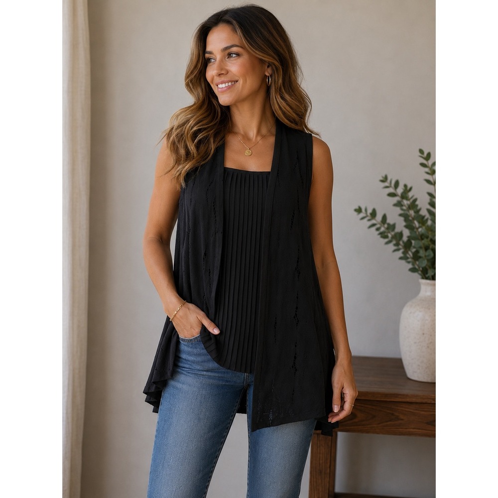 Trisha Tyler Black Sleeveless Open Front Cardigan Vest Pleated Back Pointelle S